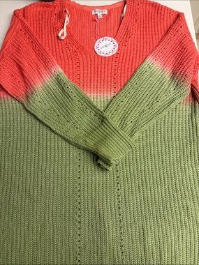 Umgee Coral to Sage Dip Dye V-Neck Sweater XL